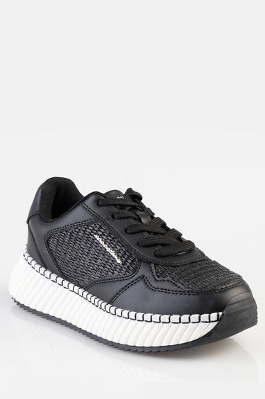 Blue Jean Traders sneaker with black upper and knit side panel, white ribbed sole