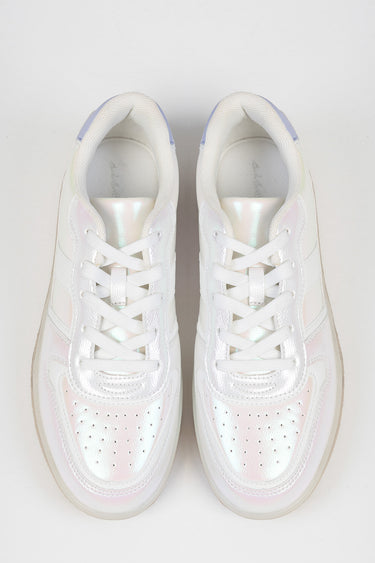 top view of white sneakers with iridescent panels and perforated toe boxes, laced up from blue jean traders