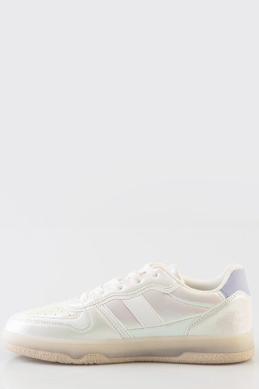 white low top sneaker with pastel iridescent panels and textured beige sole, side view