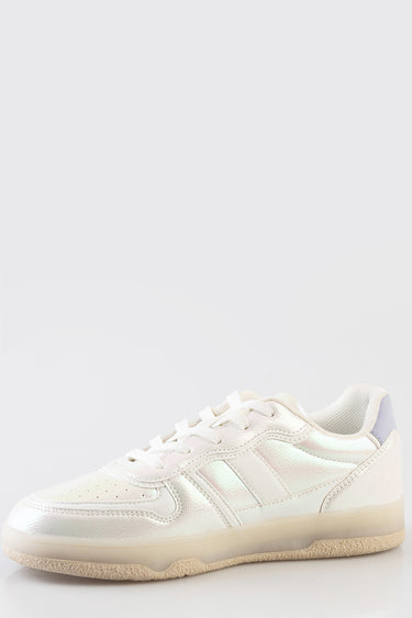 white leather sneakers with iridescent panels, perforated toe, and beige crepe sole by blue jean traders