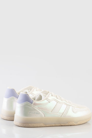 white iridescent sneakers with lavender heel and white laces, beige sole