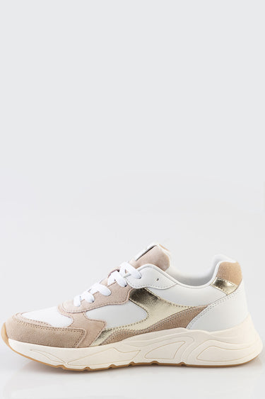 Blue Jean Traders sneakers in beige white and metallic gold with a chunky cream sole and white laces