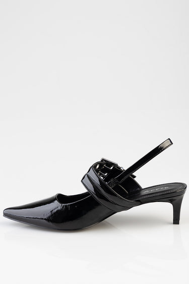 black patent slingback heel with pointed toe and buckled strap by blue jean traders