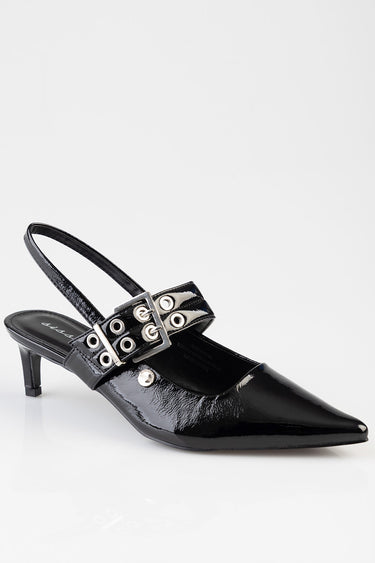 Blue Jean Traders black patent leather heeled mule with pointed toe and double strap featuring silver buckles and eyelets