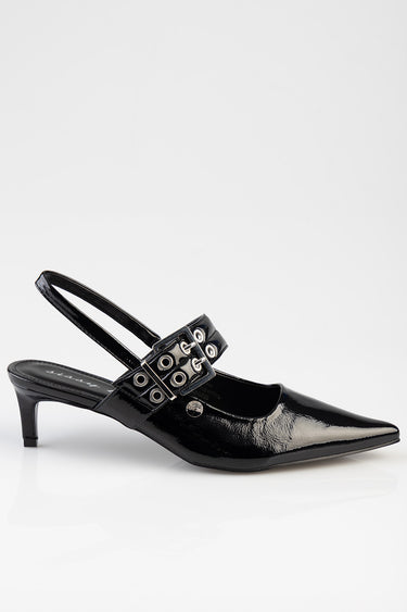 black patent slingback kitten heel with pointed toe and double strap with metal grommet buckles, Blue Jean Traders