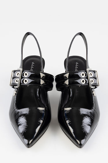 black patent heels with double strap and silver buckle, pointed toes, slingback style