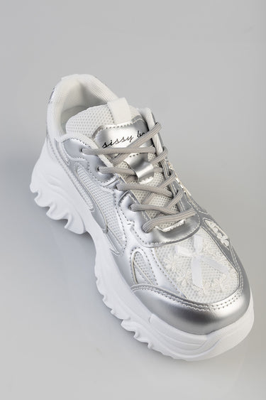 silver and white chunky sneaker with mesh panels and a thick white sole from blue jean traders