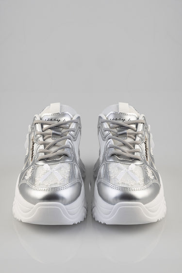 front view of silver and white chunky sneakers with mesh panels and thick white soles
