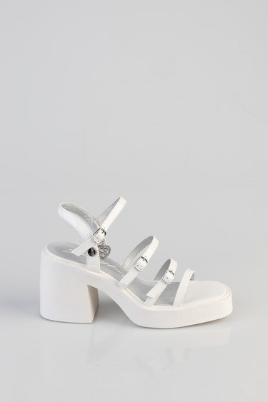 white Sami heel sandal with multiple straps, buckled ankle strap and chunky block heel