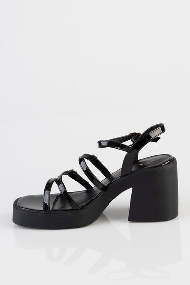 blue jean traders black patent strap sandals with multiple thin straps and a chunky block heel