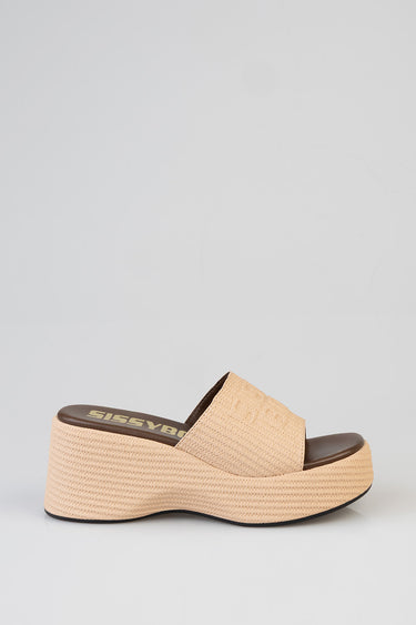 beige woven platform slide sandal with a single wide strap and brown footbed