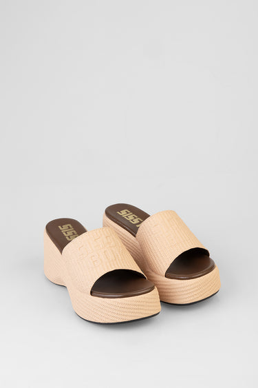 beige platform sandals with braided woven straps and brown footbeds by Blue Jean Traders