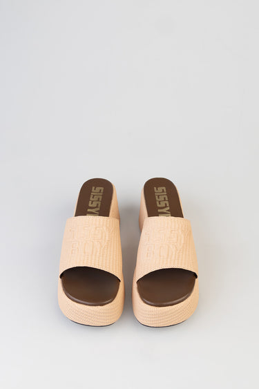 Blue Jean Traders cali platform sandals in beige with textured wide straps and embossed lettering