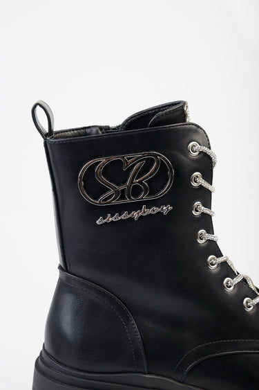black leather ankle boot with silver eyelets and chunky laces, back pull loop and metal logo patch on the side