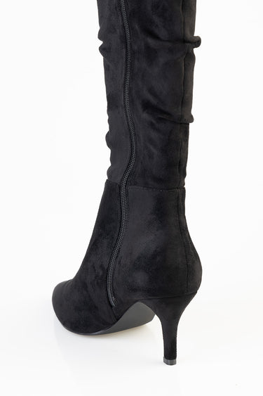 black suede knee high boot with back zipper and slender heel