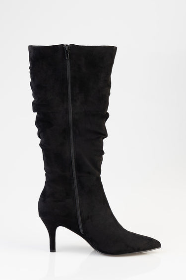 black suede knee high boot with a back zipper and slim stiletto heel