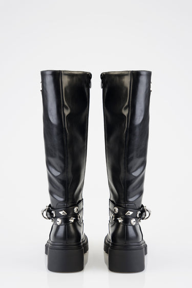 black knee high boots in smooth leather with chunky soles and silver studded ankle straps
