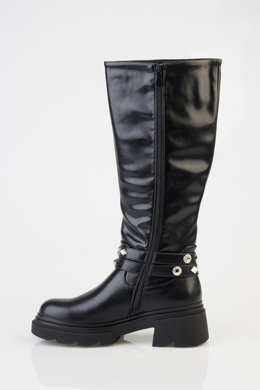 black knee high boot with a side zipper, studded strap details, and a chunky sole