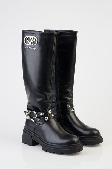 black leather knee high boots with silver studded straps, chunky sole, and a side zipper by Blue Jean Traders.