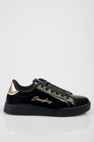 Blue Jean Traders Marty patent sneakers in black patent leather with gold script logo and metallic heel tab