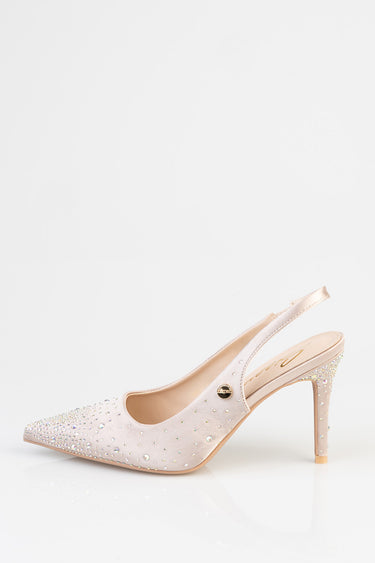 pale pink slingback stiletto with rhinestone embellishments across the toe and heel