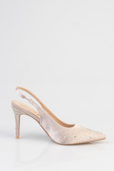 nude slingback high heel adorned with sparkling rhinestones along the toe and heel