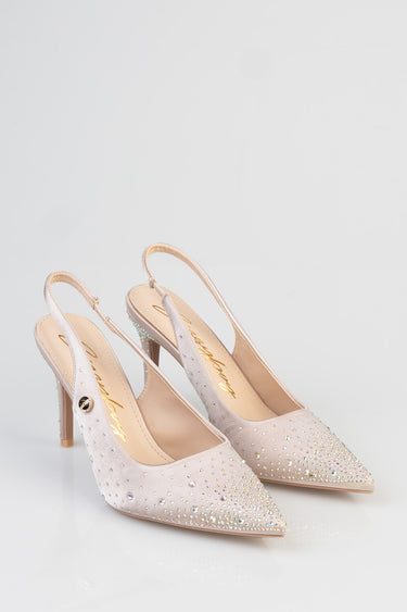 pale pink slingback high heels with crystal rhinestones and pointed toes