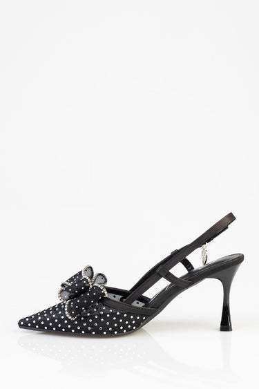 black polka dot pointed toe slingback heel with bow and crystal trim