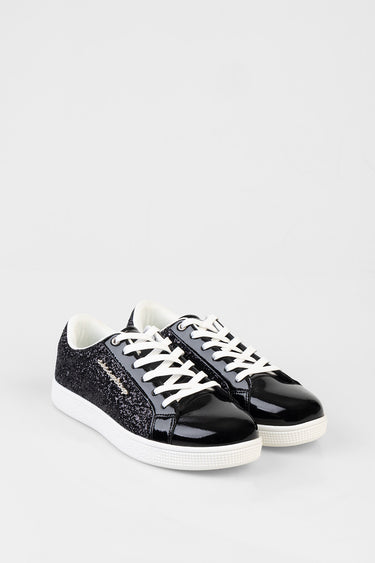 Blue Jean Traders sneakers with black patent toe and glitter side panels white laces and white sole