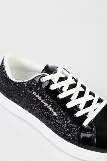 black glitter sneaker with white laces and glossy black patent panels, white sole, blue jean traders