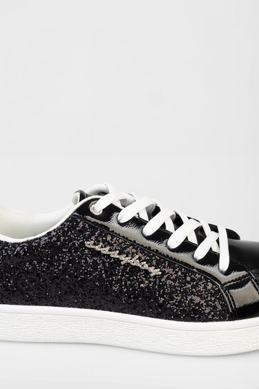 black glitter sneakers with white laces and glossy patent trim, white sole