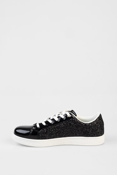 black glitter sneaker with a shiny patent toe cap white laces and a white sole