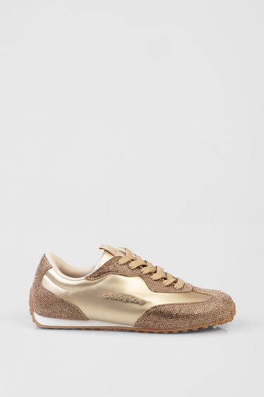 gold and beige glitter sneakers by Blue Jean Traders with white sole and beige laces