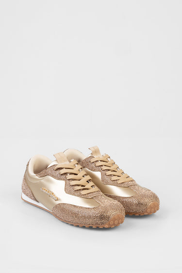 Blue Jean Traders sneakers with gold glitter upper beige panels white midsole and gum outsole lace up
