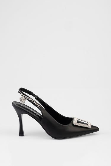 black slingback heel with a pointed toe featuring crystal buckle and a silver chain ankle strap with a heart charm