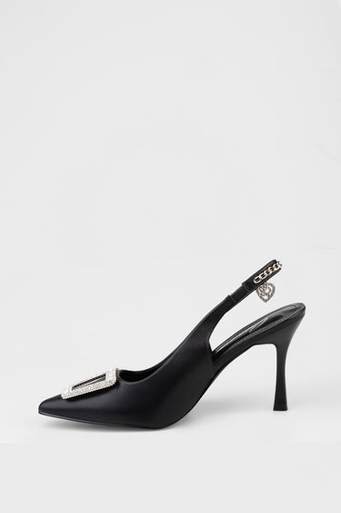black slingback stiletto heel with a pointed toe and crystal buckle detail; the strap features a silver chain and heart charm