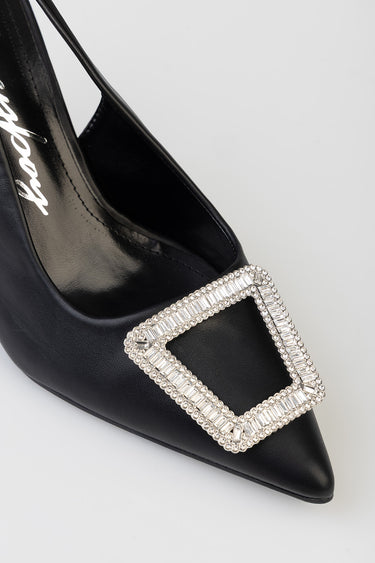 black slingback heel with a large square rhinestone buckle