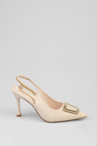 beige slingback heel with gold chain ankle strap and crystal buckle