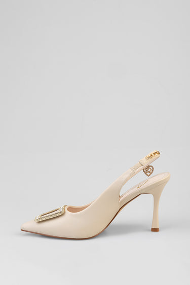 beige slingback heel with crystal buckle and gold chain detail, pointed toe and mid height heel