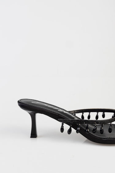 black strappy heel with bead tassels and a kitten heel, side view by blue jean traders