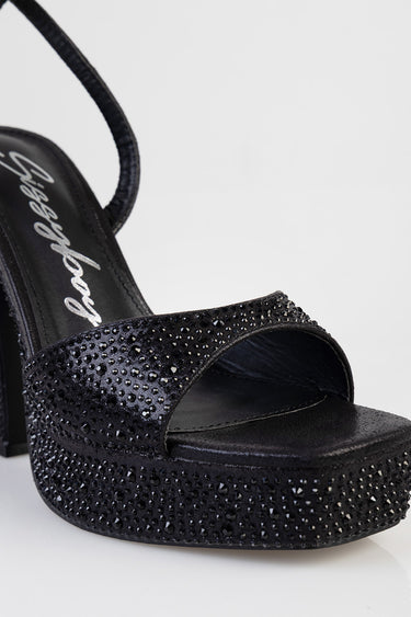black rhinestone platform heel sandal with ankle strap by Blue Jean Traders