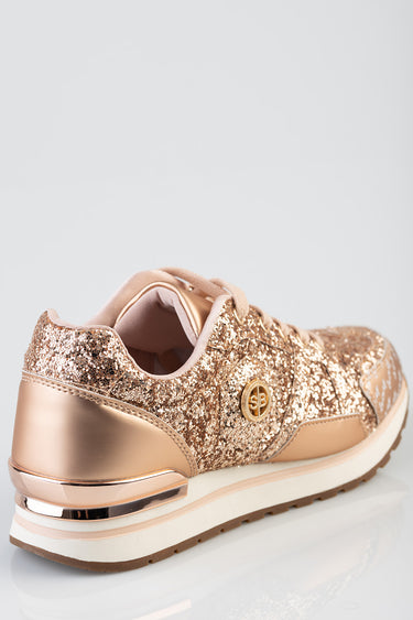 blue jean traders sneakers with rose gold glitter upper and metallic heel cap side view