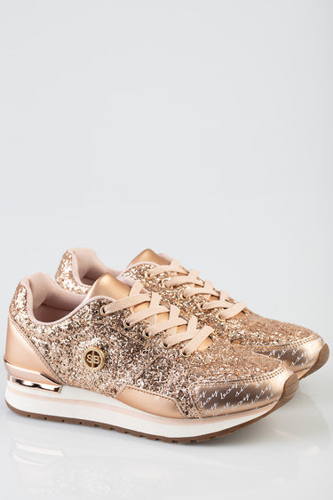 rose gold glitter sneakers with pale pink laces and a white sole by Blue Jean Traders