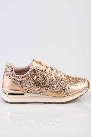 rose gold glitter sneakers with pale pink laces, metallic rose gold heel panel, and white rubber sole.