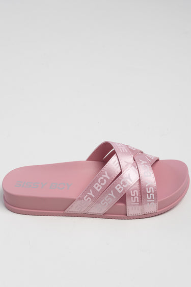 pink slide sandal with two crisscross straps and repeated white branding on the straps and sole