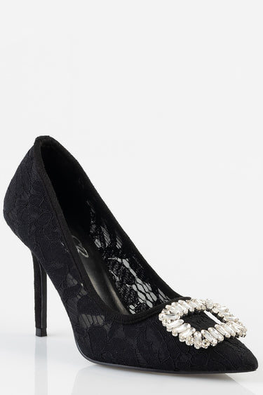 black lace court heel with crystal buckle and pointed toe