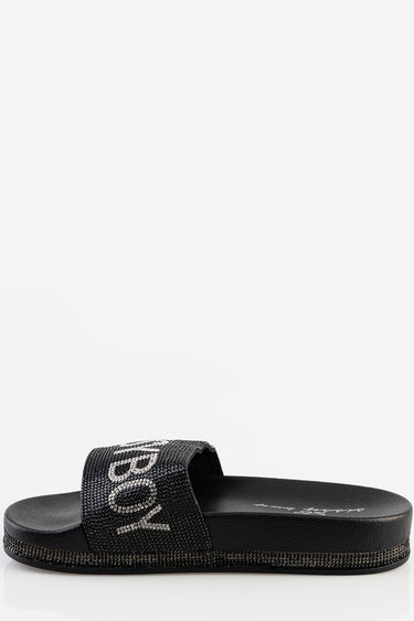 black slide sandal with rhinestone strap by Blue Jean Traders