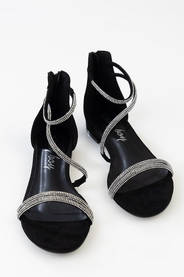 black suede sandals with silver rhinestone straps wrapping around the ankle and toes by blue jean traders