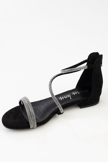 black suede flat sandal with crystal rhinestone straps and ankle wrap