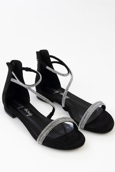 black suede flat sandals with rhinestone straps, open toe, ankle wrap, low block heel